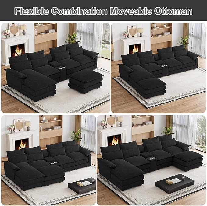 135" U Shaped Cloud Couch Sectional Modular Sectional Couches for Living Room Oversized Comfy Chenille Sofa Cloud Couch Set with Storage Central Console, USB Ports, Chaise Lounge, Ottoman, Black