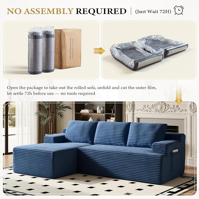 96" Sectional Couches for Living Room Cloud Couch Sofa with L-Shape Upholstered Boneless Couchs Modern Modular Sectional Couch with Chaise (Bule, 96" W+Left Facing Chaise+2Seaters)
