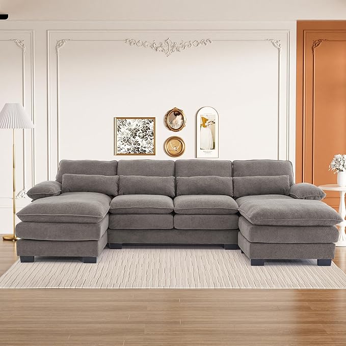 113" Cloud Couch Sectional Modular Sofa U Shaped Sectional Couches for Living Room Comfy 5-Seater Deep Seat Couch Chenille Cloud Sectional Sofa with Movable Ottoman & 4 Pillows, Stone Grey