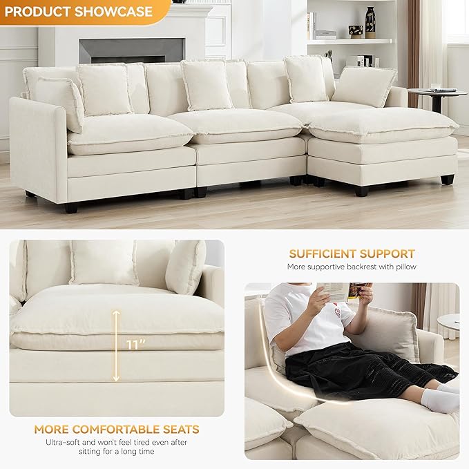 111'' Sectional Cloud Deep Seat Couch, Modern Comfy Chenille L Shaped Sectional Sofa for Living Room Set, Upholstered Modular 4-Seats Sofa Couch with Movable Ottoman, Beige