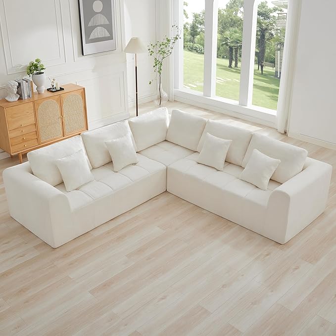 110'' Boneless Modular Couches for Living Room, Compressed Cloud Sectional Modern Sofa, L Shaped 5 Seater Upholstered Memory Foam Oversized Sofa, No Assembly, Chenille Beige