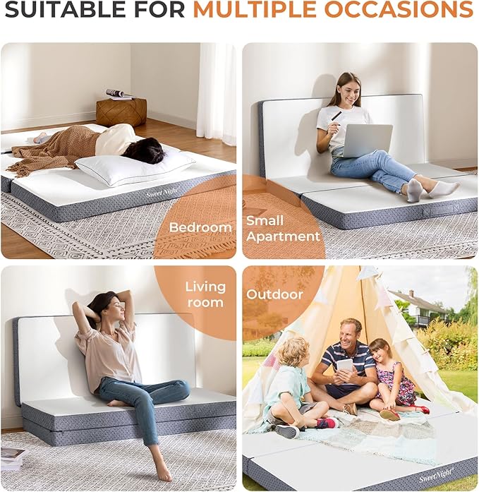 Sweetnight Tri Folding Mattress - 4-inch Foldable Mattress with a Collapsible and Washable Cover | Medium-Firm with Non-Slip Design | Suitable for RV, Camping, Guest （Queen (U.S. Standard)