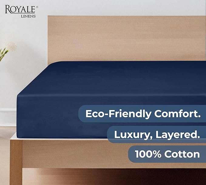 Royale Linens 100% Organic Cotton Fitted Sheet - Percale Weave - Super Soft Deep Pocket Bottom Sheets - Navy Elastic Sheet Twin XL Size - Twin XL Fitted Sheets Only - (39"x80"+15", Navy)