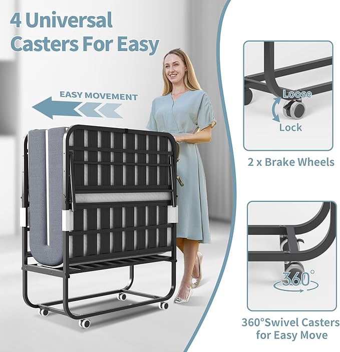 Folding Bed, 74.4"x46" Portable Beds for Adults, Heavy Duty Sturdy Metal Frame, Foldable Bed on Wheels for Twin Size, Space Saving Rollaway Bed for Guest Easy Storage