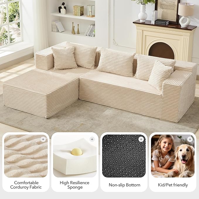 Modular Sectional Sofa Cloud Sectional Couch, 106" Comfy Fluffy L Shaped Couches for Living Room,Oversized Sofa Sleeper with Deep Seat, No Assembly Required