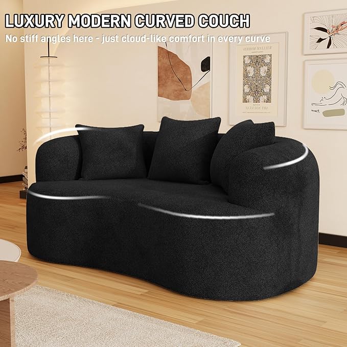 69" Curved Loveseat Sofa for Living Room, Modern Chenille Love Seat Cloud Couch, Luxury Plush Extra Deep Oversized Sofa for Small Spaces, Bedroom, Apartment‌, No Assembly Required, Black