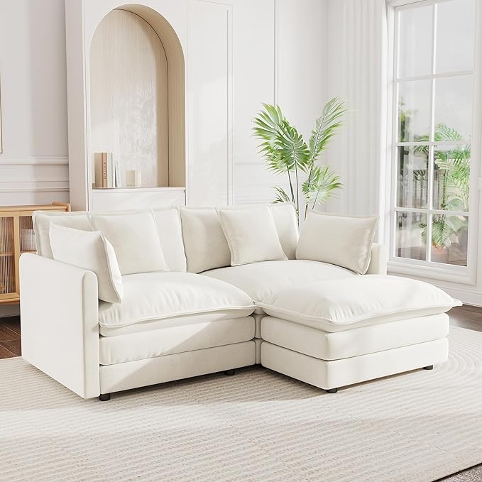 mikibama Modular Sectional Sofa, 76.4 Inch L Shaped Couch Set for Living Room, Loveseat Comfy Cloud Couches with Movable Ottoman, DIY Combination, Chenille, Beige