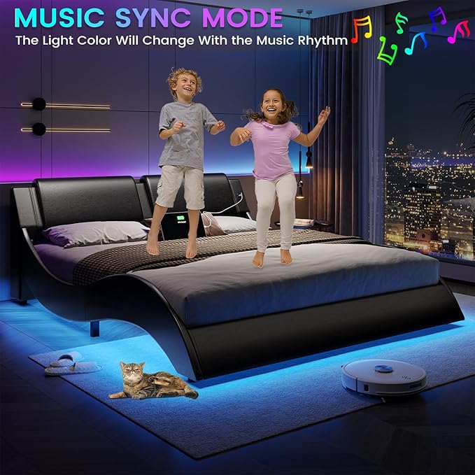 DICTAC Queen Bed Frame with Led Lights and Charging Ports Modern Upholstered Queen Size Platform Bed with Headboard Faux Leather Wave Like Curve Low Profile Platform Bed Frame,Wood Slats Support,Black
