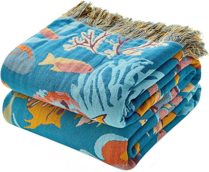 LUTBM Throw Blanket for Couch Sofa 100% Cotton Blankets for Bedroom Living Room Spring Soft All Season Reversible Underwater Ocean Life Embroidery Throws Coastal Home Decor 50"x60"