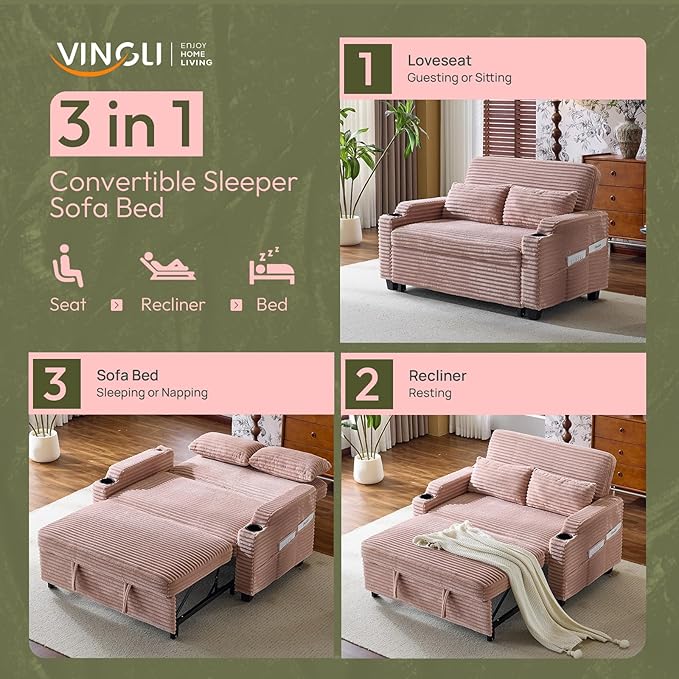 VINGLI Pink Futon Sofa Bed Convertible Loveseat Sleeper Sofa Couch, Corduroy Pullout Sofa Fold Out Couch Bed with USB Ports, Cup Holders, Armrest for Living Room, Bedroom Apartment Room | Loveseat Sleeper