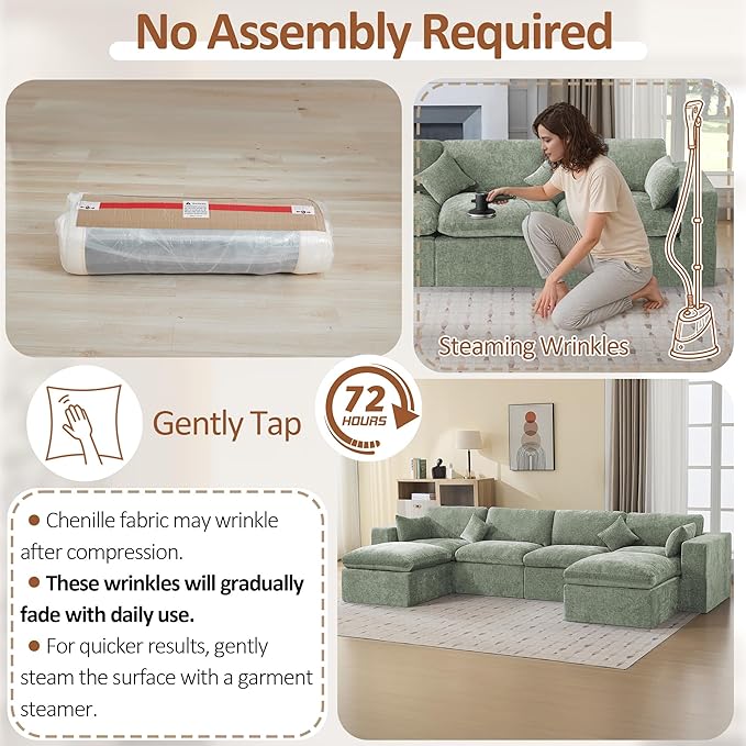 155''Cloud Boneless Sectional Couch, Modular Sectional Sofa Deep Seat with 2 Ottomans, Oversized Upholstered Convertible Comfy 6 Seater Chenille Sofa U Shape Couches for Living Room, Green