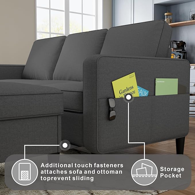 Sectional Sofa and Couches for Living Room, 78'' Dark Grey 3 Seat L-Shaped Couch with Movable Ottoman, Comfy Linen Convertible Sectionals Sofas with Chaise for Apartment, Dorm, Small Space