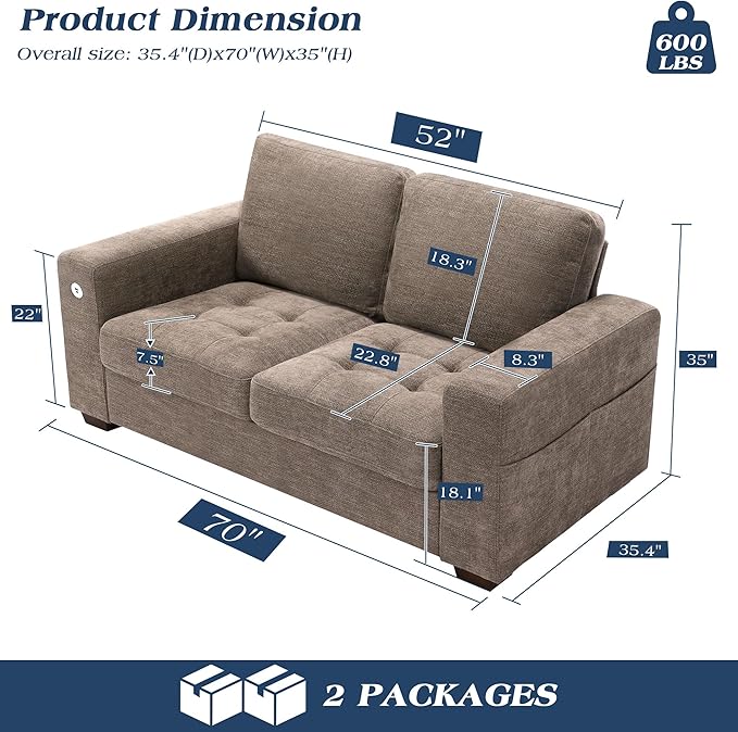 WorthFurni Sofas for Living Room, Chenille Loveseat Couch Set, Small Sofa, 3 Seater Sofa, USB Charging, Removable Sofa Cover,Solid Wood Frame, Easy to Install(70inch,Brown)