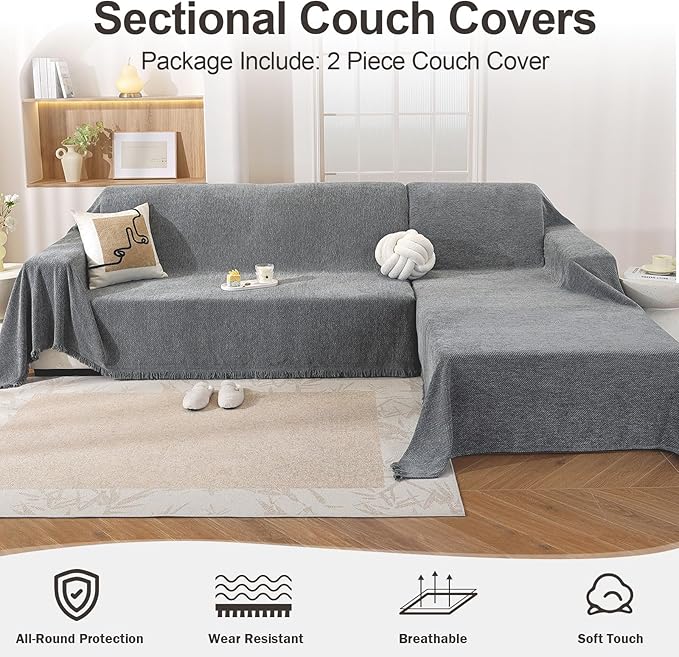 OstepDecor Sectional Couch Covers 2 Pieces, L Shaped Couch Cover Blanket, Sectional Sofa Cover Washable, Chaise Lounge Sofa Slipcovers Pet Furniture Protector for Dogs (71"x118"+91"x134", Dark Grey)