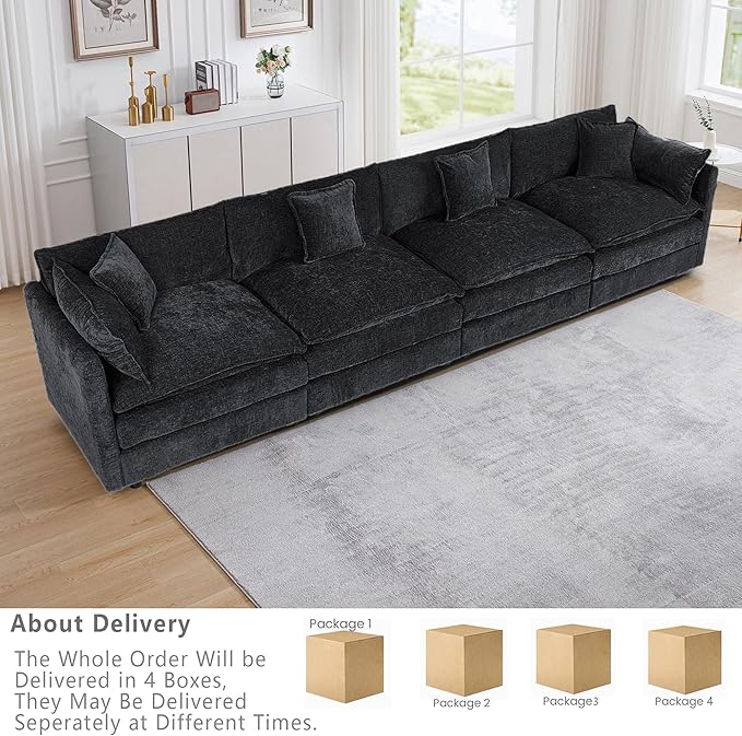 Setawix Chenille Cloud Couches for Living Room,4 Seater Cloud Sofa Couch with Deep Seat,147.22" Roomy Cloud Sofas,Modular Sectional 4 Seat Sofa with Pillows for Bedroom (Black, 4 Seater)