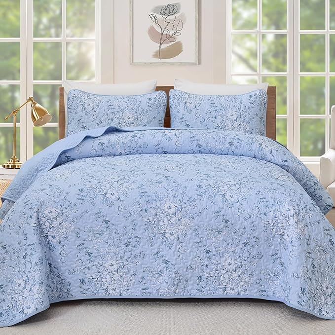 WONGS BEDDING Quilt King Size, Blue Quilt Bedding Set with 2 Pillowcases, Botanical Quilt for King Bed, Soft Microfiber Lightweight Coverlet Bedspread for All Season (110"×90", 3 Pieces)