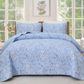 WONGS BEDDING Quilt King Size, Blue Quilt Bedding Set with 2 Pillowcases, Botanical Quilt for King Bed, Soft Microfiber Lightweight Coverlet Bedspread for All Season (110"×90", 3 Pieces)