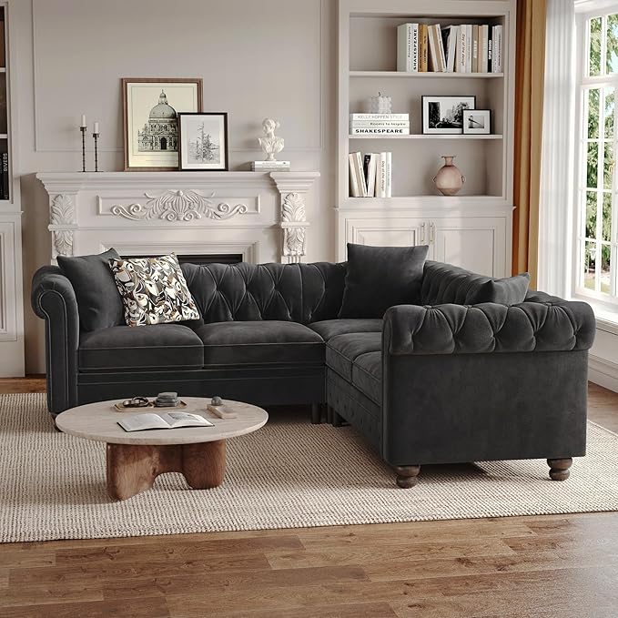 ONBRILL Velvet Chesterfield Sofa, L Shaped Sectional Sofa with Tufted Back & Rolled Arms, 3 Throw Pillows, Small Corner Sectional Couch for Living Room, Apartment, Black | Velvet Fabric