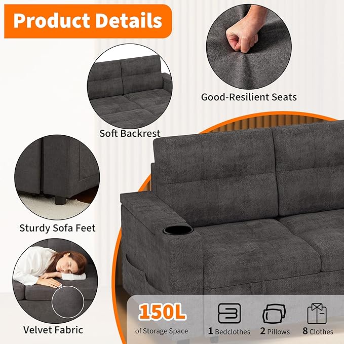 Garvee Couches for Living Room, 84'' Sofa Bed，l-Shaped Sectional Sleeper Sofa with Pull Out Bed，Reversible Storage Chaises， Hidden Storage Armrests，Cup Holders & USB Charging Ports