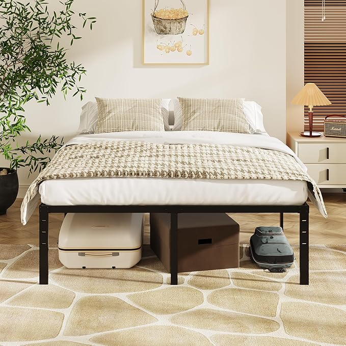 VINGLI 16 Inch Full Bed Frame, Heavy Duty Metal Platform, No Box Spring Needed, Steel Slat Support, Easy Assembly, Noise-Free, 14 inch Underbed Storage Space, Black
