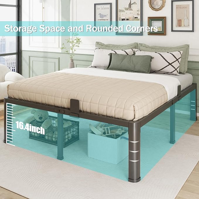 Firpeesy 18 Inch Queen Bed Frame with Rounded Corner and Headboard Hole Mattress Retainers 3500 lbs Heavy Duty Support Metal Platform Bed Frame Noise Free No Box Spring Needed Easy Assembly