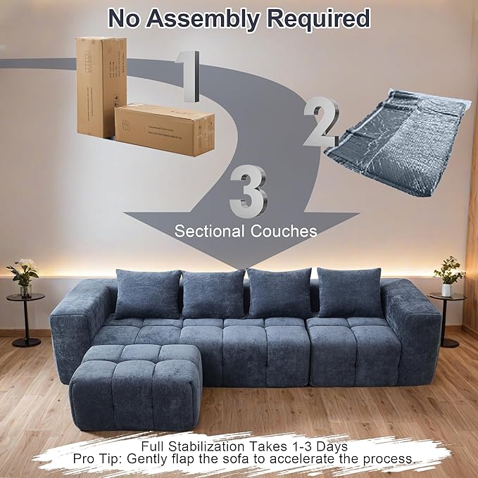 119" Boneless Couch, Cloud Sectional Couch with Deep Seat, High-Density Memory Foam and Chaise, Sectional L Shaped Sofa, Boneless Couches for Living Room, No Assembly Required Tufted Sofa, Blue