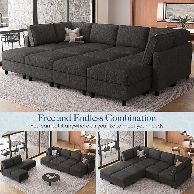 Belffin 110.2" 12 Seats Modular Sectional Sofa Sleeper Sofa Big Washable Sectional Couches for Living Room Comfy Couches with Storage Seat Couch Sofas with Chaise,Dark Grey