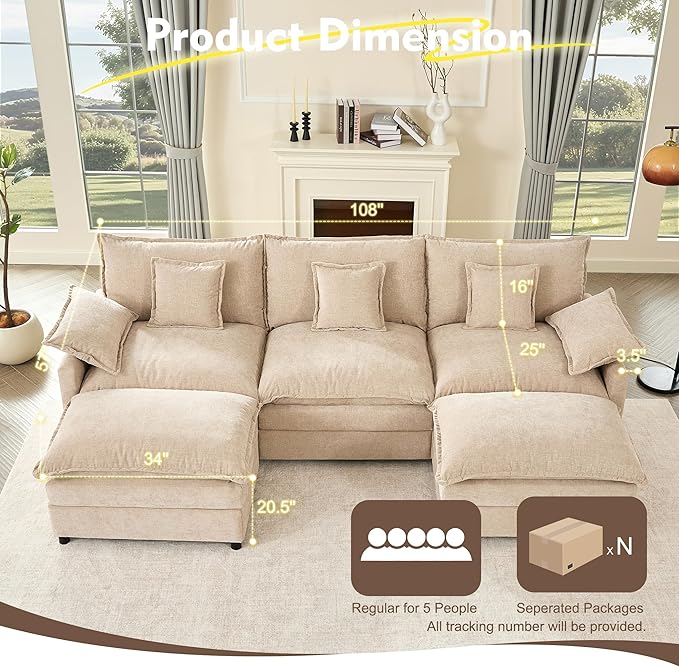 108" U Shaped Couch, Modular Sectional Sofa, 3-Seater Comfy Cloud Couch, Set of Modular Pieces with Movable Ottoman, Deep Seat Couches for Living Room, Chenille, Flat White