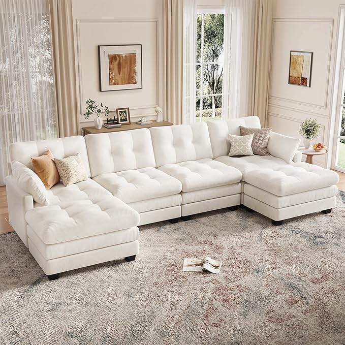 Modular Sectional U Shaped Sofa Couches for Living Room, Cloud Couch with Movable Ottoman, Comfy Chenille Sofa with Pillow for Bedroom and Apartment,Beige-Tufted
