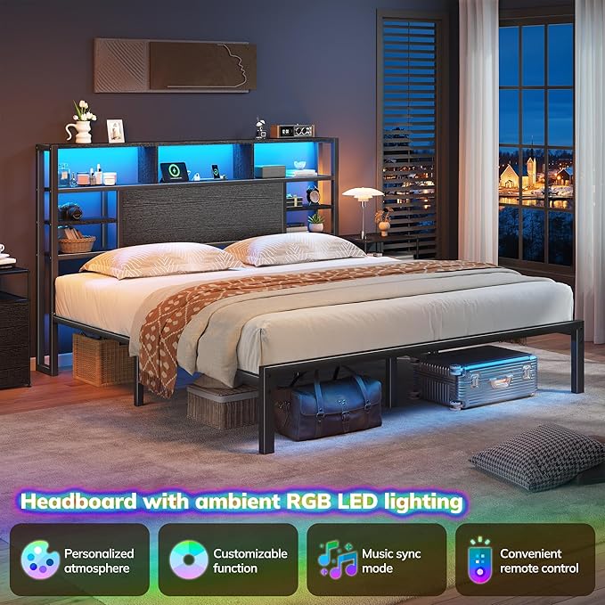 Homkdom King Size Bed Frame with Storage Headboard, LED Lights & Charging Station Heavy Duty Metal Platform Bed for Bedrooms, 1100 LBS Capacity, No Box Spring Needed, Easy Assembly，Black