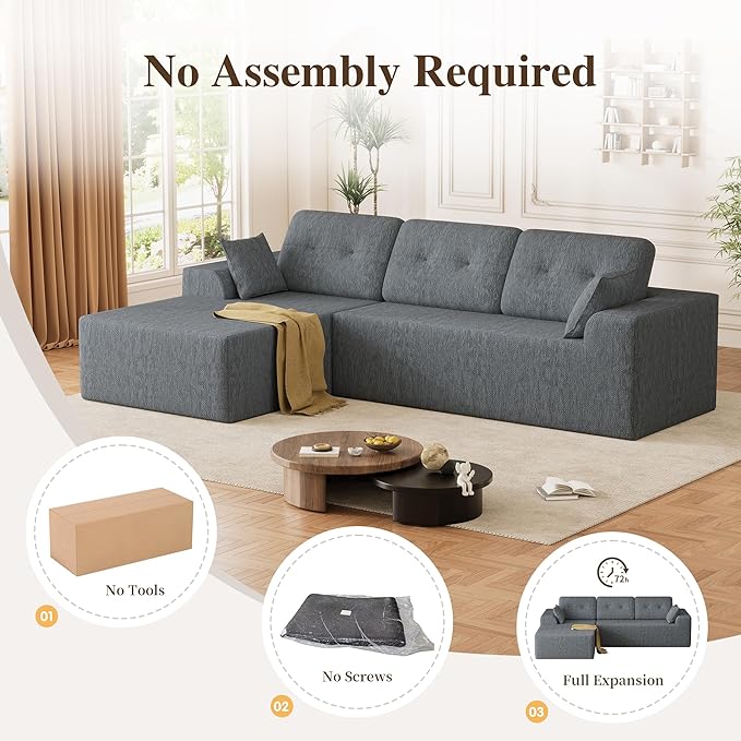 Ball & Cast 106" Cloud Sectional Couch, Compressed L-Shaped Sofa with Deep Seat Chaise, Boneless No Assembly Modular Couch, Foam & Spring Support, 2 Boxes (Right Facing, Chenille Dark Grey)