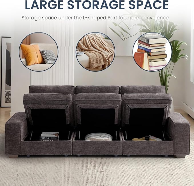 TEKAMON 128" Modular Sofa Couch with Seat Storage, Modern Comfy Long 4-Seater Chenille Couch for Living Room, Office, Apart W/Deep Seat, Wide Armrest, USB Port, Side Pockets, Washable Covers (DkGrey)