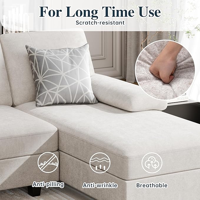 Meilocar 106" U Shaped Sectional Sofa for Living Room, 4-Seat Fabric Couch with Double Chaise Longue, Comfortable Large Sectional with 300lbs Capacity per Seat for Apartment & Home, Pure White