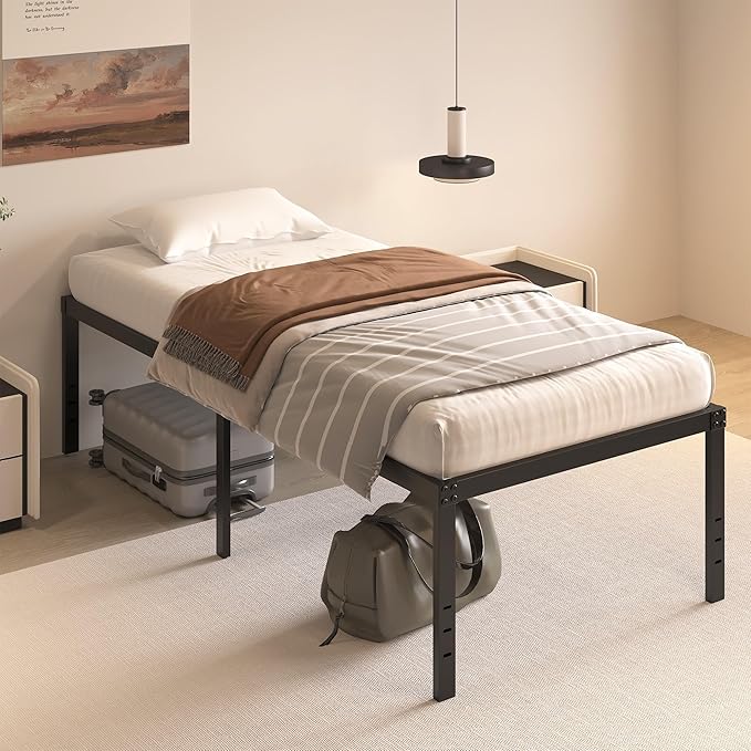20 Inch Twin XL Size Bed Frame, No Box Spring Needed, Heavy Duty Black Metal Platform Mattress Foundation with Steel Slats, Non-Slip Noise Free Easy Assembly, Large Storage
