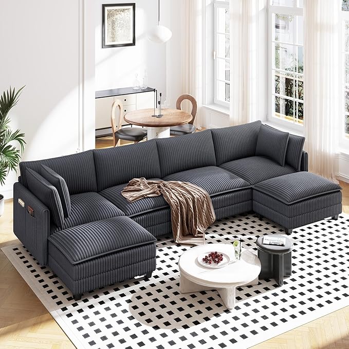 Vesgantti 143" U Shaped Modular Sectional Couch, Comfy Corduroy Upholstered Cloud Sofas for Living Room, Modern 4 Seater Sofa with 2 Movable Ottoman & Throw Pillows, Charcoal Grey