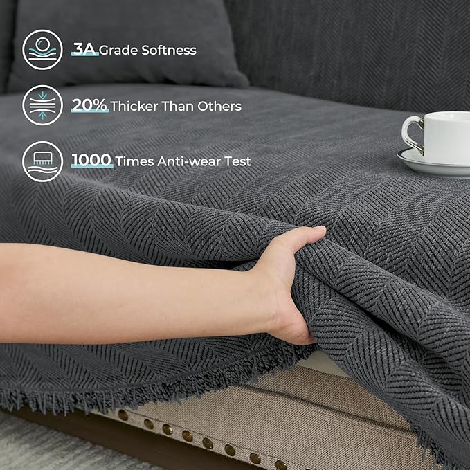 Sectional Couch Covers 2 Pieces, Chenille L Shaped Couch Cover Blanket for Sectional Sofa with Herringbone Pattern Washable Sofa Slipcovers (X-Large: 71" x 110" + 71" x 118", Dark Gray)