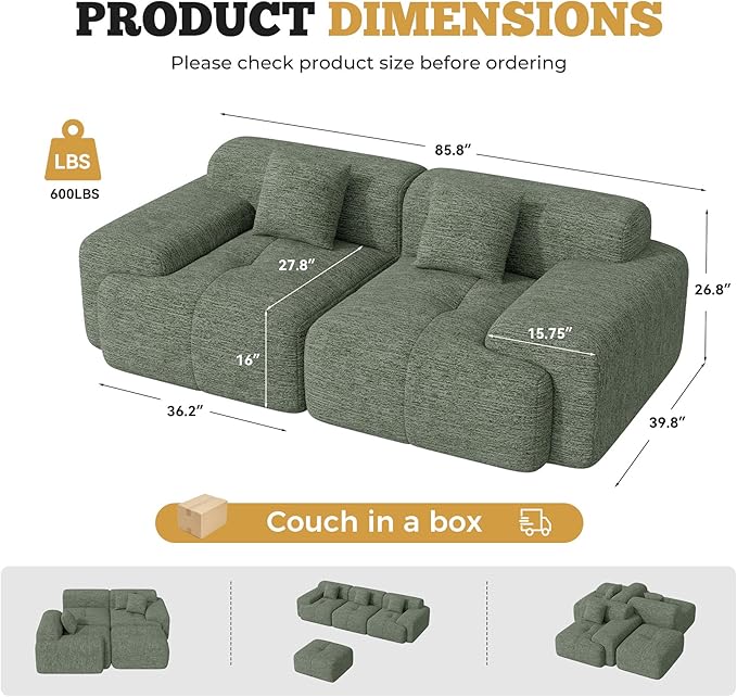 85" Cloud Loveseat Sofa in a Box, Modern Small Couch No Assembly Required, Comfy Deep Seat Boneless Couches for Living Room, Bedroom, Apartment, Green 1 PCS