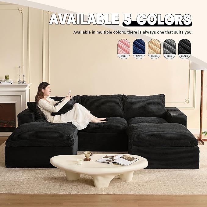 106.3” Sectional Couches for Living Room, Set of Cloud Couch, Modular Sectional Sofa, Convertible Sofas Bed, Deep Seat Sofa, U Shaped Cozy Sofa Furniture Set, Corduroy, Black
