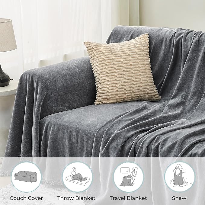 Sectional Couch Covers, 2 Pieces Chenille Sofa Cover L Shaped Couch Cover Blanket for Dogs Washable Sofa Slipcovers Pet Furniture Protector (Large: 71" x 102" + 71" x 110", Dark Gray)