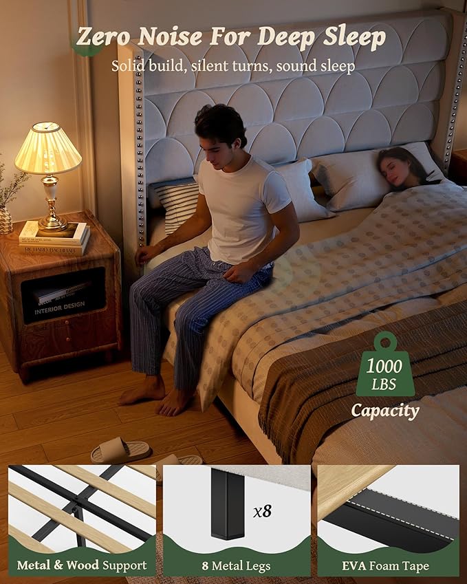 OHOHOLIVE King Size Bed Frame with 56" Headboard - Velvet Upholstered Wingback Platform Bed Frame, Noise Free, Sturdy Wooden Slat Support (Cream, King)