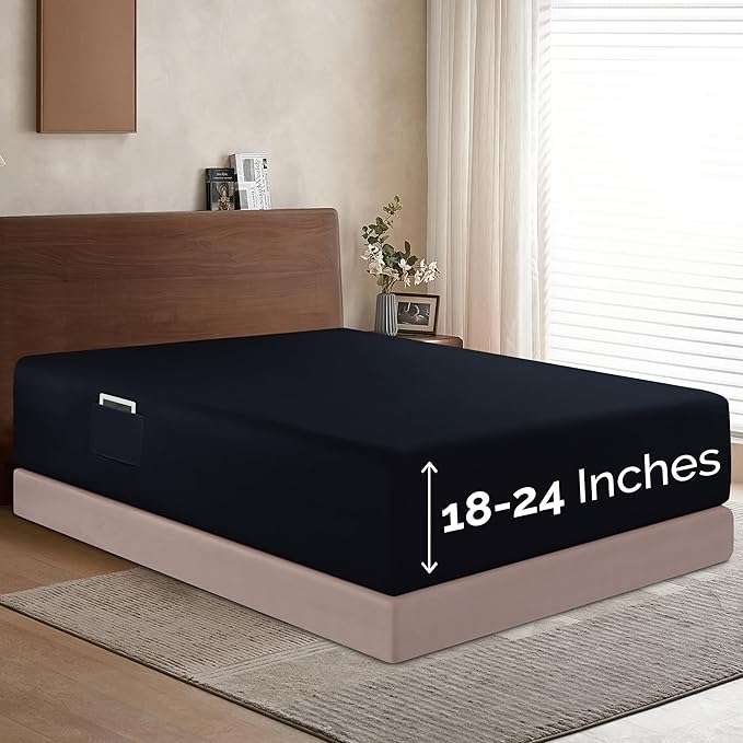 Elegant Comfort 1500 Premium Hotel Quality 18-24 Inches Deep - Extra Deep Pocket Single Fitted Sheet for High Mattress, Luxury and Softest, Smart Pocket - Wrinkle Free, California King, Black