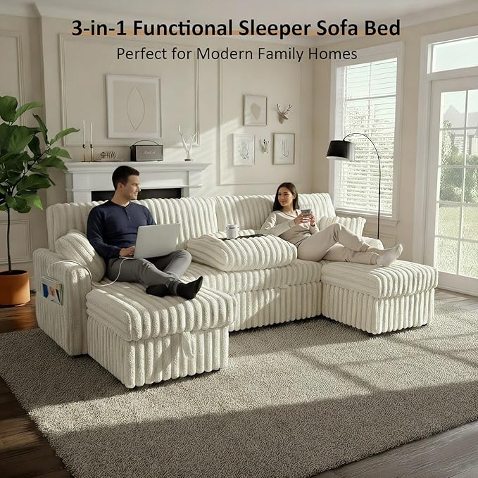 104" U Shaped Sleeper Sofa Bed, Sectional Couches for Living Room, Plush Corduroy Pull Out Couch Bed with Storage, Modular Sectional Couch with Charging Station, Cup Holder, Side Pocket, Beige