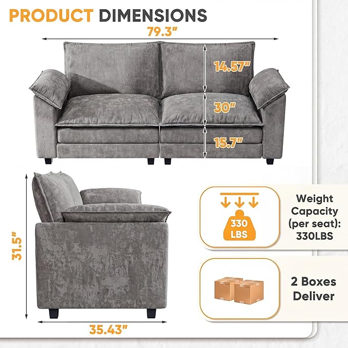 Loveseat 2 Seater Sofa with Double Layer Cushion, Cloud Couch with Deep Seat, Comfy Chenille Sofa Couches for Living Room & Apartment (Light Grey, Loveseat Sofa)