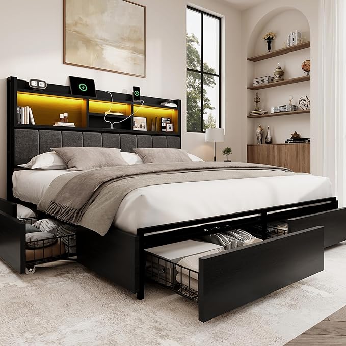 BRELTAM Queen Bed Frame with 6 Storage Drawers, Linen Upholstered Headboard, Built-in USB Charging Station & LED Lighting, Silent Metal Support, No Box Spring Needed, Vintage Black
