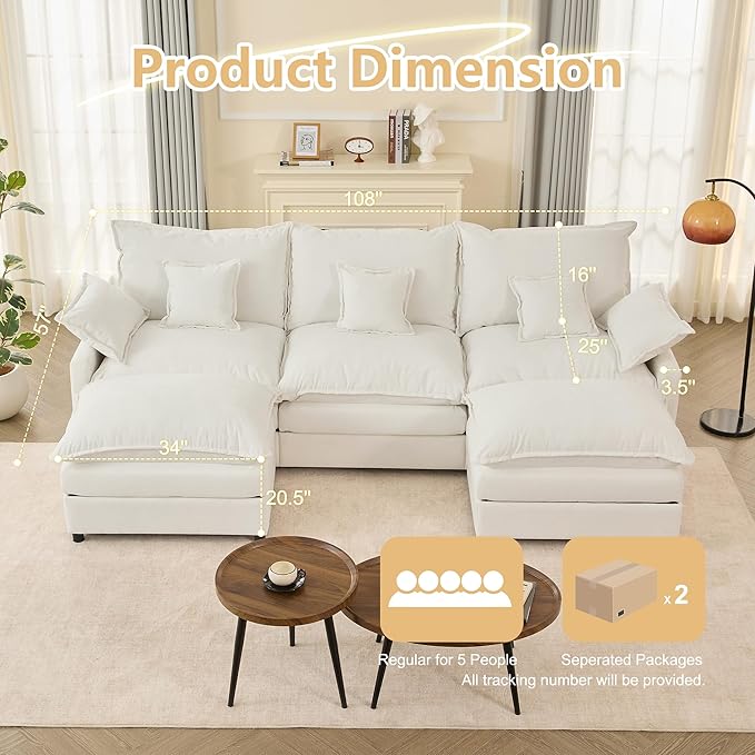 108" U Shaped Couch, Modular Sectional Sofa, 3-Seater Comfy Cloud Couch, Set of Modular Pieces with Movable Ottoman, Deep Seat Couches for Living Room, Chenille, Ivory