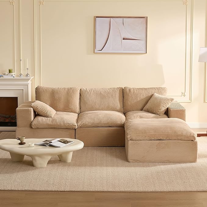 106.3” Sectional Couches for Living Room, Set of Cloud Couch, Modular Sectional Sofa, Convertible Sofas Bed, Deep Seat Sofa, L Shaped Cozy Sofa Furniture Set, Corduroy, Camel