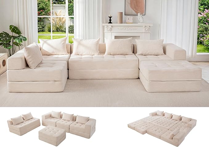 MAXYOYO Modular Sectional Sofa Couch, Foldable U Shaped Cloud Couch with Pillows, Tufted 6-Seat Boneless Sleeper Lounger Floor Sofa Bed for Living Room, No Assembly Required, Beige