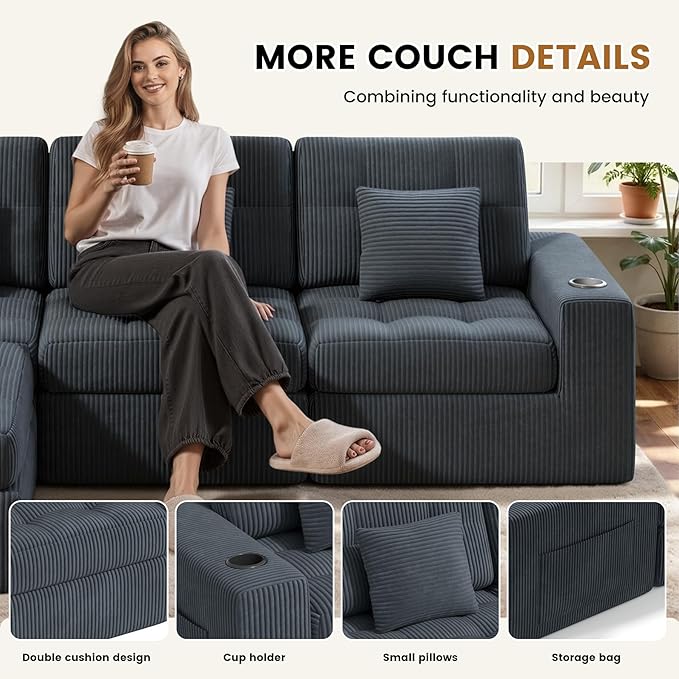 112" L Shaped Cloud Boneless Couch,Modern Modular Sectional Sofa with Layered Cushion,No Assembly Convertible Corduroy Couches for Living Room,Dark Grey 1 PCS