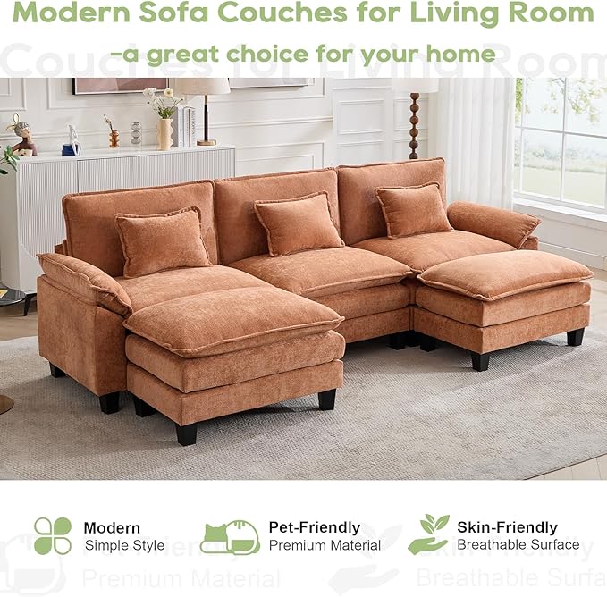 120" Modular Sectional Sofa, Comfy Cloud Couch Sectional Sofa with Ottoman, Chenille Sofa Sleeper Deep Seat Sofa with Throw Pillows for Living Room (Orange, 120"- U Shape)