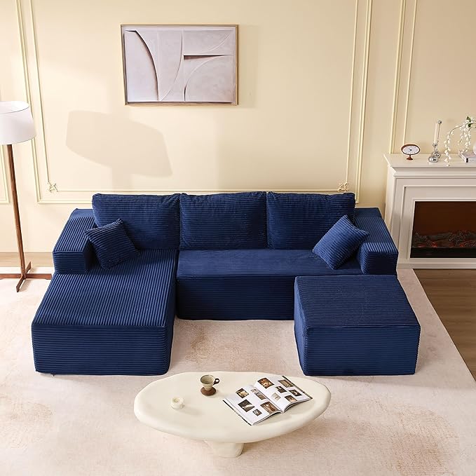 107" Boneless Couch with Deep Seat, Set of Modular Sectional Sofa, Cloud Sectional Couch for Living Room, No Assembly Required, Corduroy, U-Shape 3 Seater Left, Blue